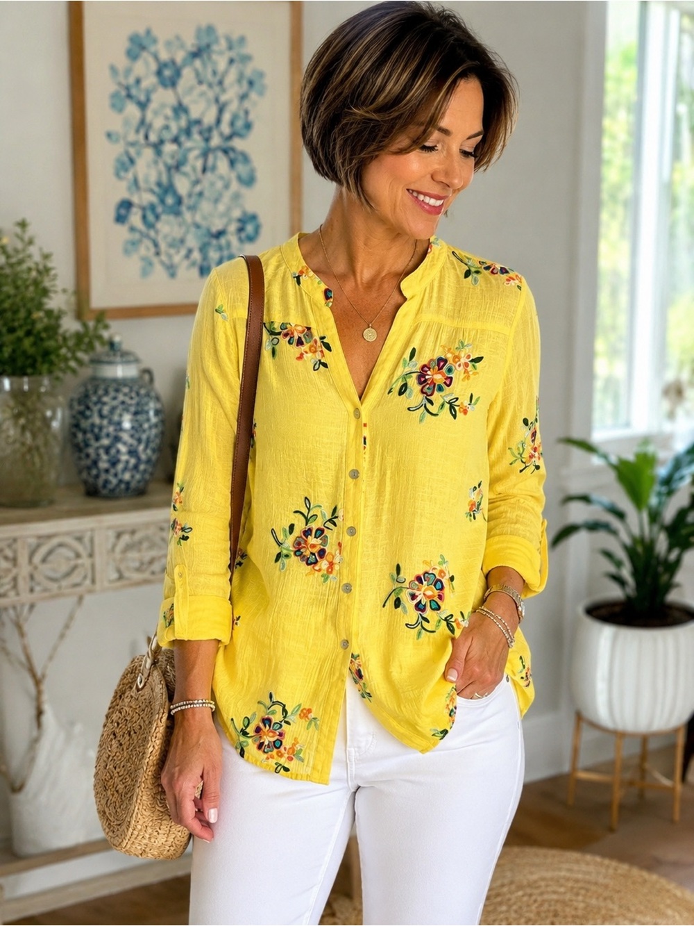 Fig & Flower Yellow Embroidered Gauze Blouse Women’s Small Boho Floral Top